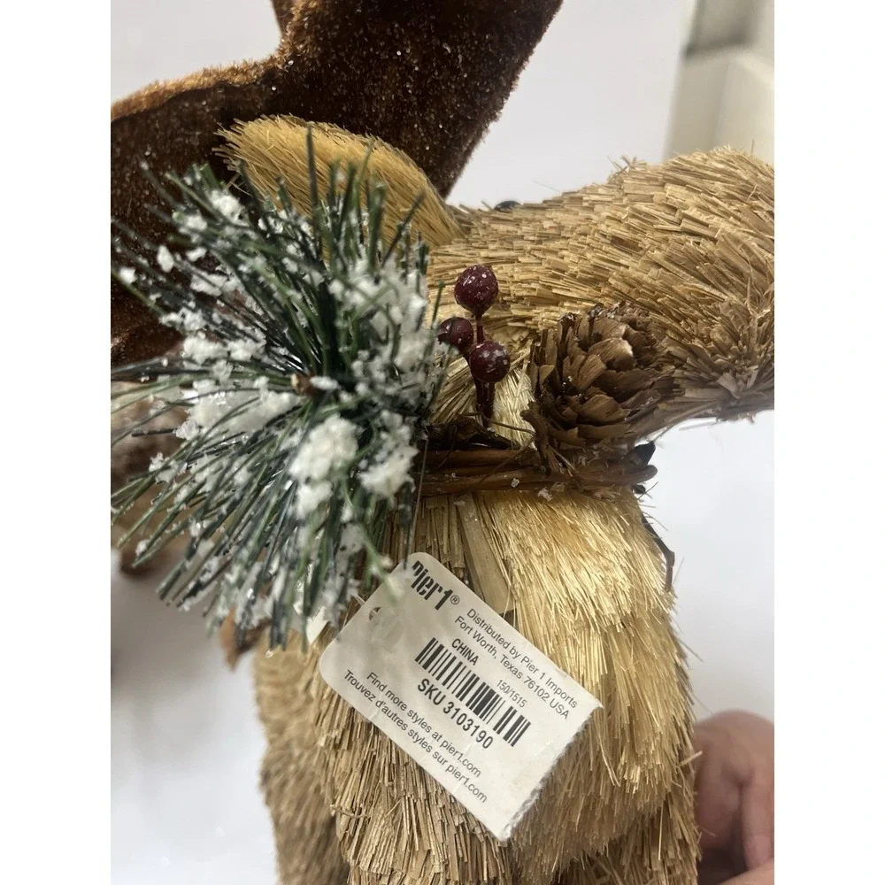 Vintage Pier 1 Christmas Woodland Moose Set Of 2 Straw Pine Cones Browns Glitter